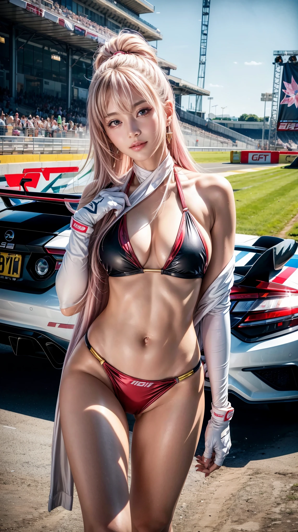 Cowboy Shot、Fancy Costume Multicolor Hair、Light pink hair、smile、Wear gloves、((Race Queen))、((car race))、((circuit racetrack))、(Realistic racing car in the background)、thigh length tights、((Ultra high cut bikini swimsuit))、(Swimsuit with sponsor logo)、Various signs、Wear gloves、Various banners、Earrings,High resolution、High resolution、In 8K、Real Live Action、RAWphotographgraphy、highest quality、masterpiece、Tabletop、erotic,(Sunburned skin),knees, Absurd,Small face、Big Breasts,masterpiece,highest quality、超A High resolution,RAWphotograph,only,beautiful,one person, one personで,whole body、very nice、Japanese women,Are standing,（Realistic：1.4）、Photon Mapping、Realistic、cute、 Adult female、物理ベースonlyダリング、prospect、Written boundary depth、Blurred Background、photograph,girl、body,beautiful足, Long legs,Thin legs、 lips, Nose Soft, kneesが見える、Sparkling eyes、光沢のあるlips、Too bright natural light、Bright Sun、Too bright sunlight