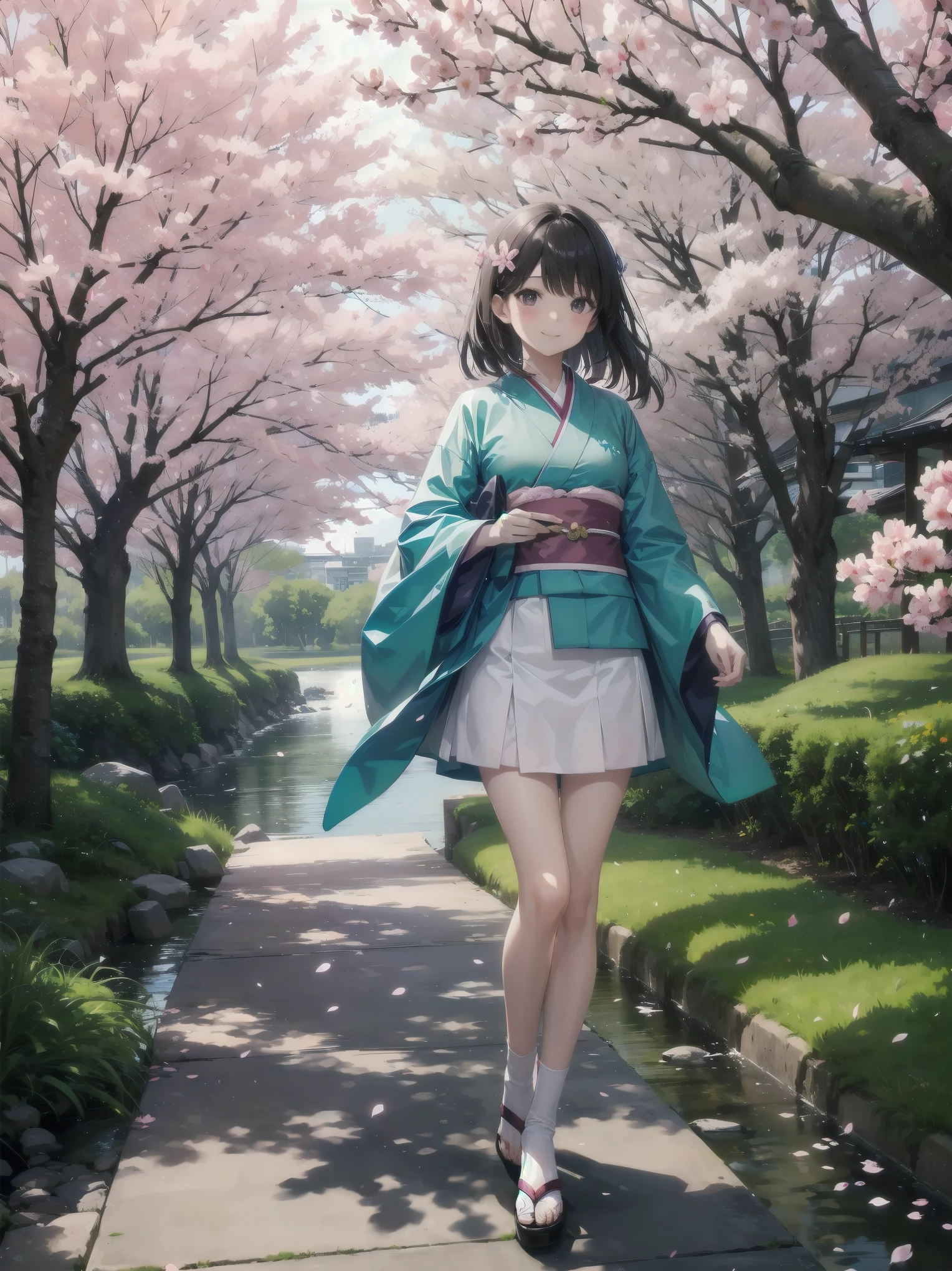 (Spring cherry blossoms and a woman、Long-sleeved kimono、Fluttering cherry blossom petals、walk along the riverside)
Spring by the river、Long-sleeved kimonoを纏った女性がFluttering cherry blossom petalsの中をゆっくりと歩いている。彼女のLong-sleeved kimonoが風に揺れ、Cherry blossom petals fly up around it。The sound of the river quietly echoes.、Her smile is shining brighter with the cherry blossom petals.。Long-sleeved kimonoの鮮やかな色が桜のピンクと調和し、Creating a beautiful spring scene。