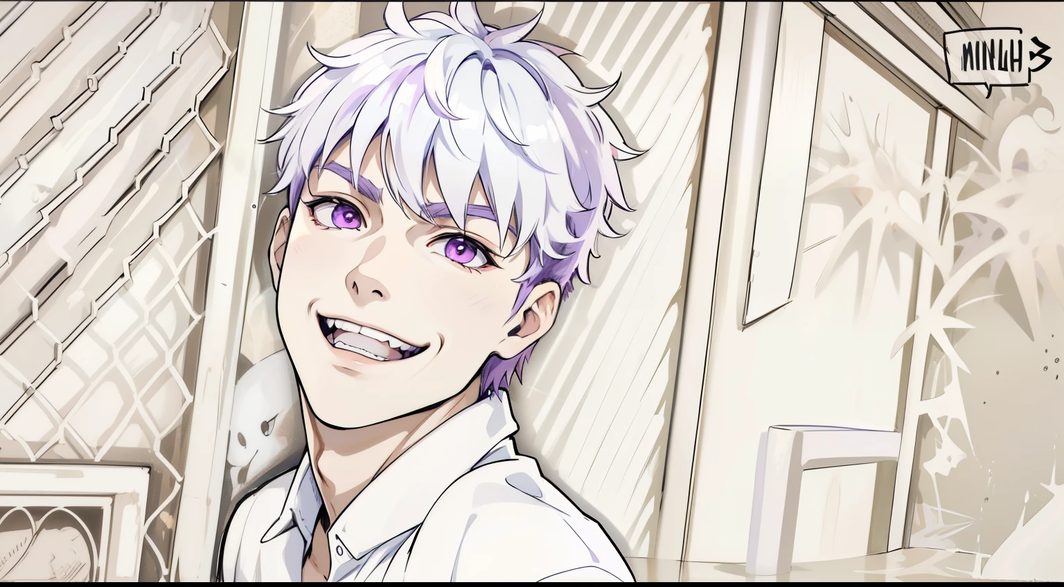 (estilo anime 2d plano)cute 16 year old boy speaks evil with hate with a mischievous smile malevolent irony purple hair purple eyes aura of evil he is dangerous murderer