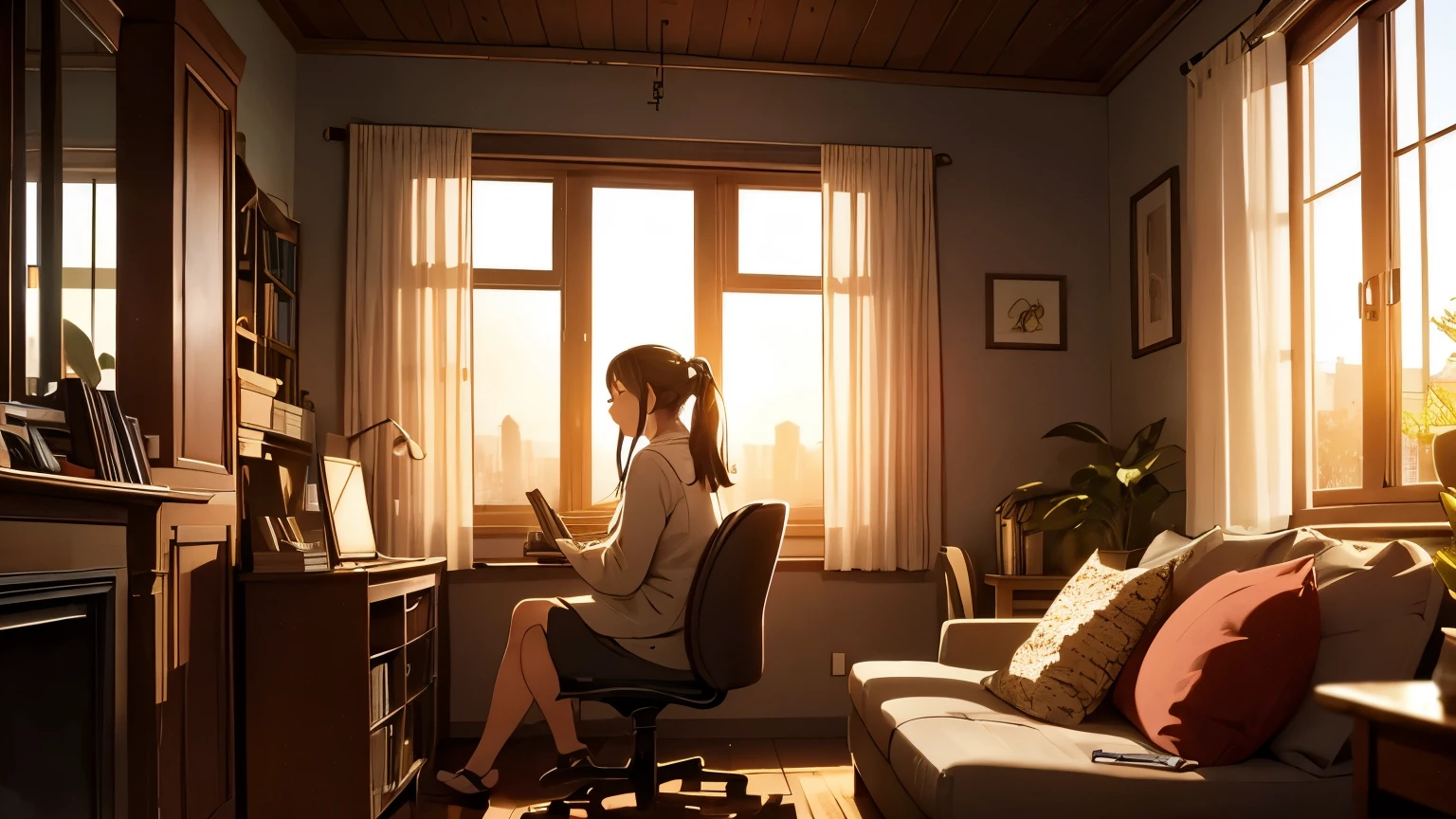 lofi girl studying while she listens to music in a really cozy room its sunrise and she is studying in her beautifull detailed welcoming room; you can also llook through her window and see a beutifull old city and nature like trees and birds clouds very beutifull and relaxing image