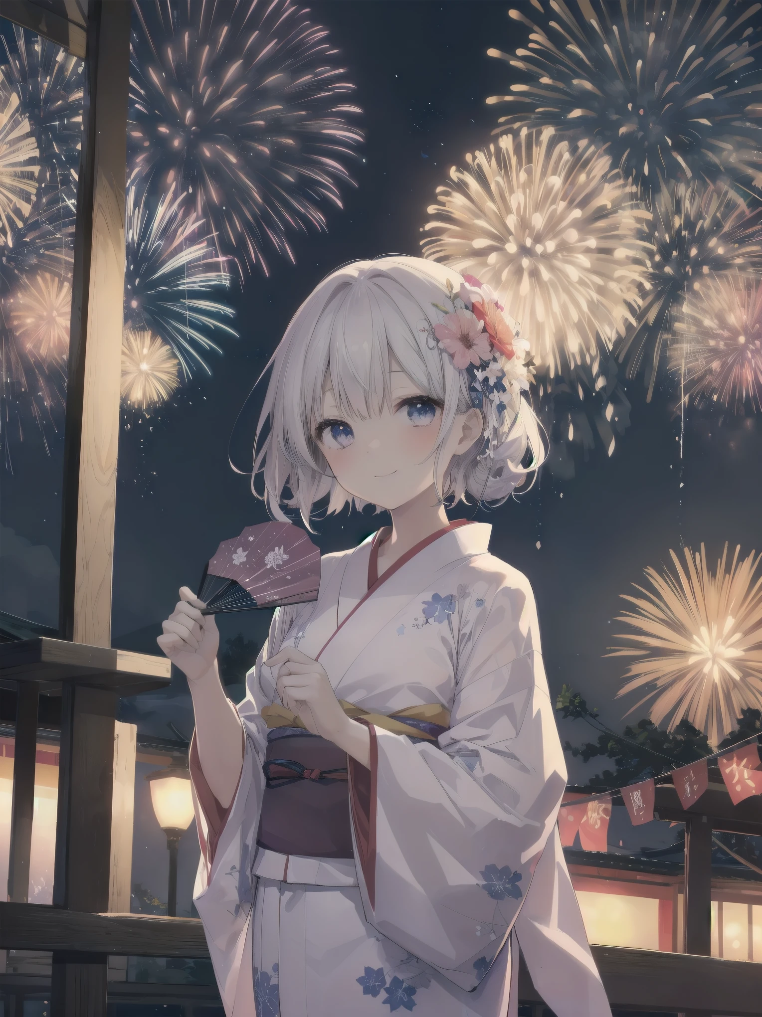 （Fireworks at night and a girl、yukata、fan、Looking up at the fireworks）
Large fireworks in the night sky々In full bloom、yukataを纏った少女がfanを振りながら見上げる姿が美しい。The sound of fireworks echoes、Her smile shines in the light。yukataの柄が夜空の中で浮かび上がり、Countless fireworks are reflected in her eyes。The hustle and bustle of the surrounding festivals adds to her joy.、The magic of the summer night surrounds her。