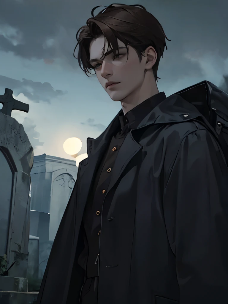 dark, boy with brown hair and dark clothing, boy in a cemetery, boy in a graveyard, dark, dark creepy boy, boy with dark hair, d...