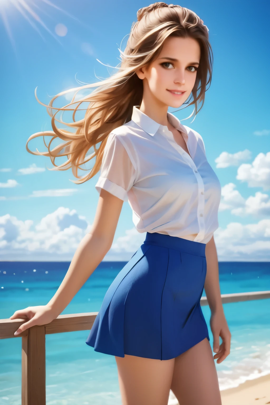 1 girl,solo,blue sky, ocean, short skirt, (very detailed background:1.0), (highly detailed background:1.0),