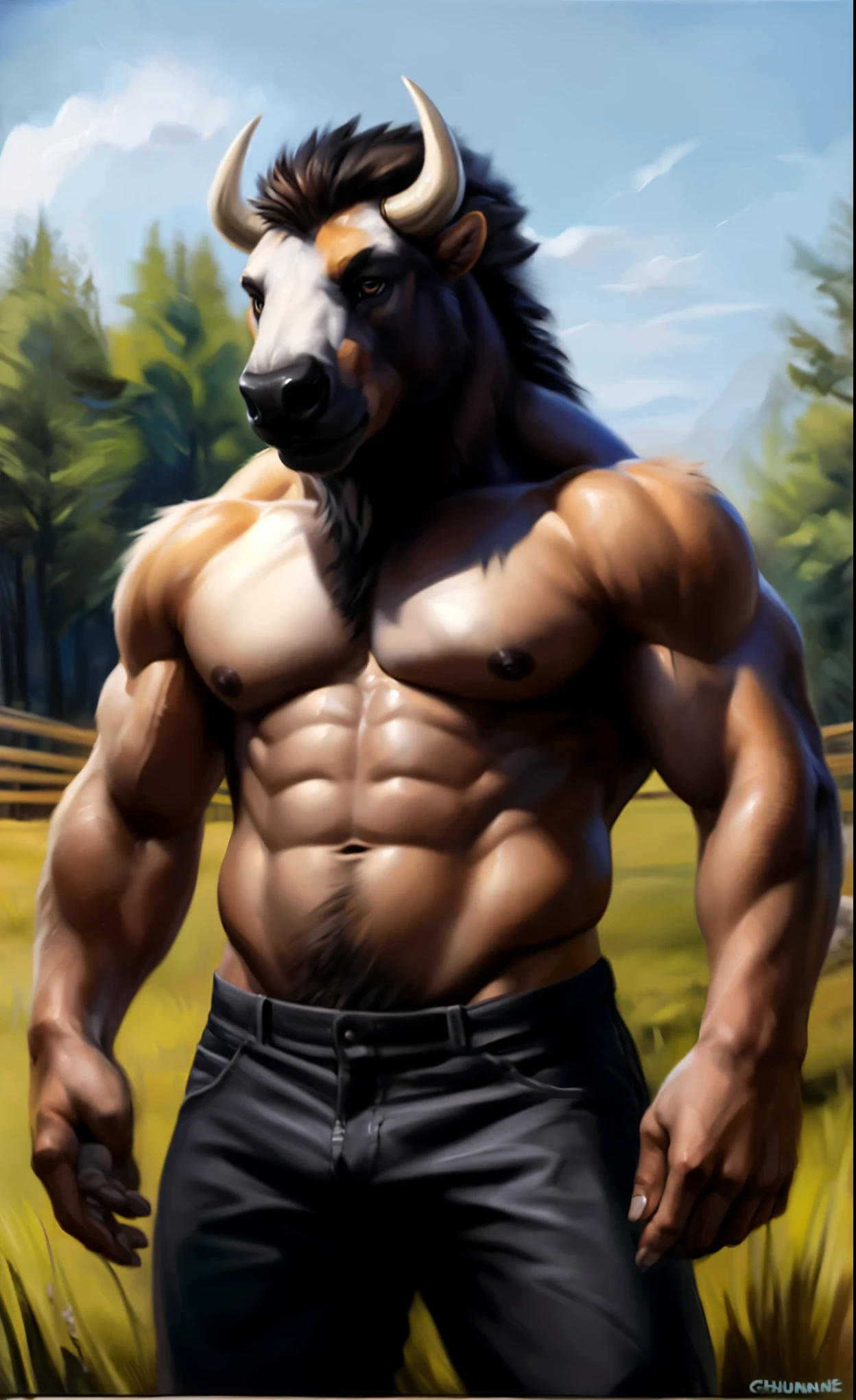 ((bison)), brown body, topless, black short pants, looking at viewer, happy face, detailed farm background, brown eyes, detailed nipples, fitness muscular body, nipple focus, big bodybuilder body, muscular male, detailed fur, bright fur, bright body, detailed muscular face, high resolution, high quality, detailed strong muscular thigh, detailed high muscular shoulders, detailed beautiful eyes, detailed big muscular thighs, strong detailed muscular ass, detailed lean muscular abs, detailed huge muscular pecs, detailed big muscular biceps, muscular anthro, manly masculine male, full body portrait, by chunie, by null-ghost, by bruteandbrawn, by personalami, by kenket, (intricate, high detail, hi res, film photography, soft focus, RAW candid cinema, photorealism, realistic, photorealistic, analog style, subsurface scattering, best score, absurd resolution, masterpiece, best quality, ultra realistic, 8k)
