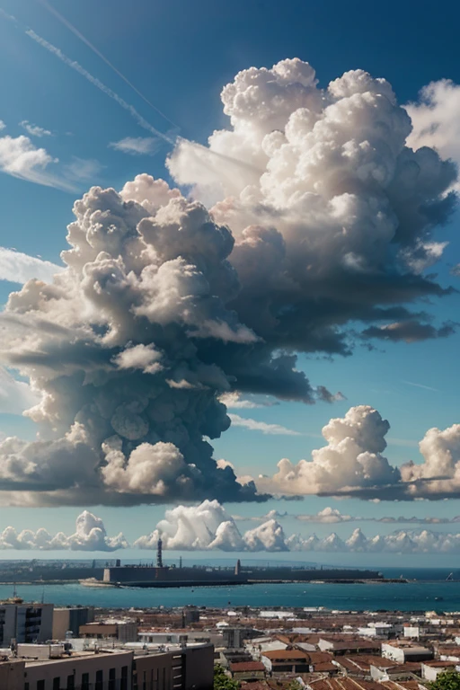 Nuvem Cumulunimbus sobre uma cidade pacata e pequena, the cloud must be realistic without science fiction, no fundo o oceano, clouds and sky must occupy 75% da imagem