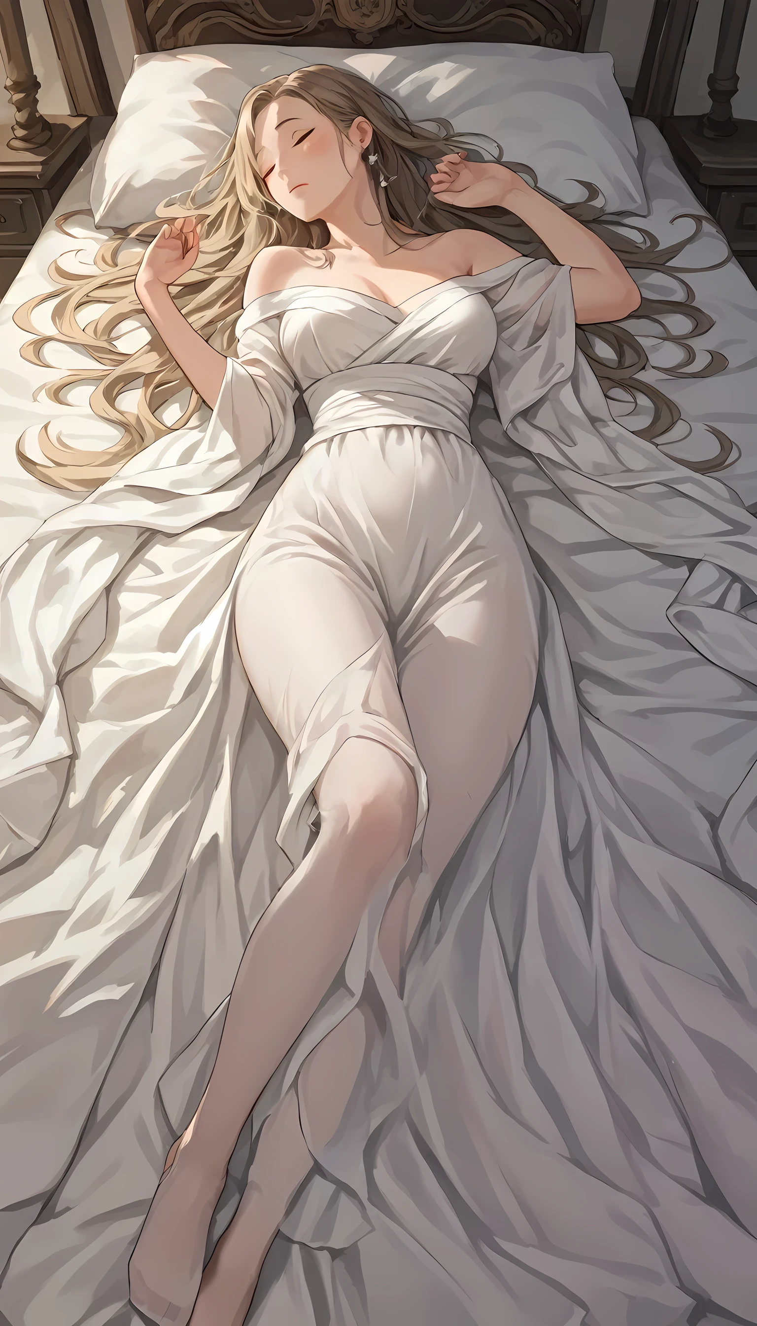 score_9, score_8_up, score_7_up, score_6_up, score_5_up, score_4_up, BREAK source_anime,rating_save, Fibonacci sequence with a beautiful Greek woman sleeping in her elegant bed beams of light falling on her lovely face wearing (((sheer))) white draped toga full in Santorini body view