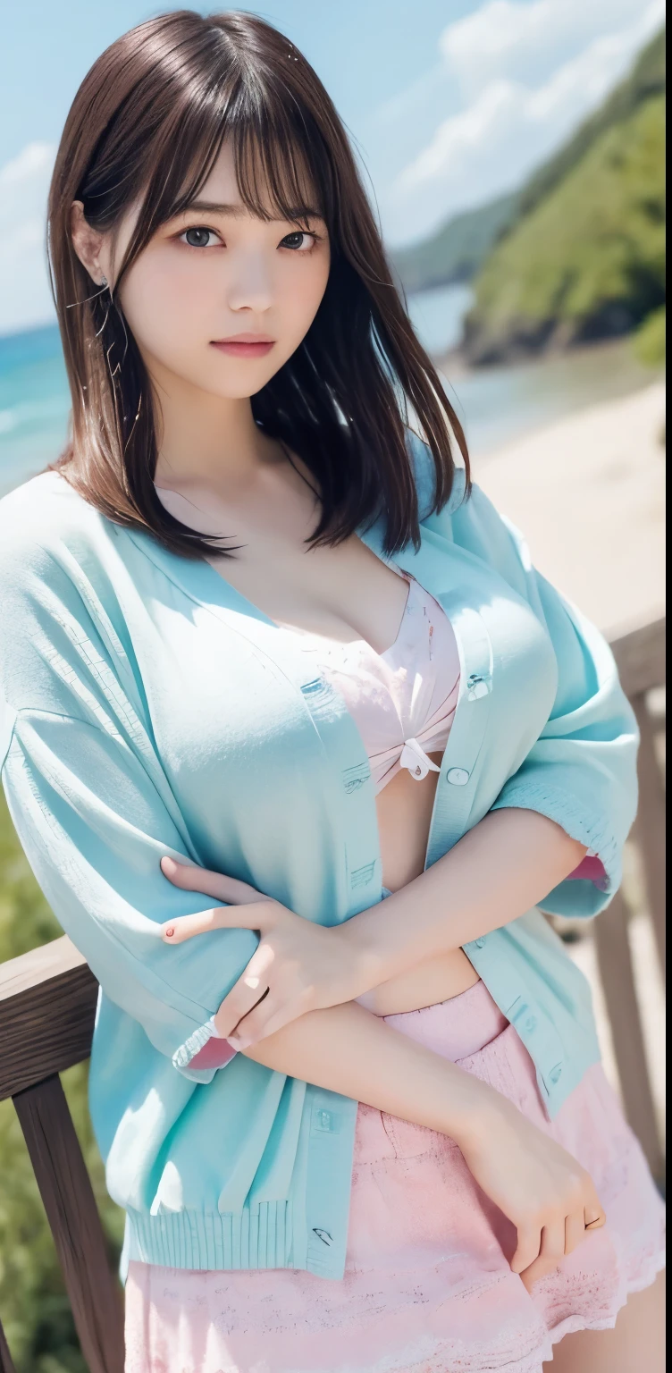 masterpiece, highest quality, 8k, 20th generation, Big Breasts, cute, alone, sad, cute, Girlish,cute 繊細な女の子, cute、Pure beauty,  RAW Photos, Professional photography, Portraiture, Soft Light, Professional Lighting, Backlight, avert your eyes, Sophisticated, Film Grain, (Eye and facial details:1.0), Round face、Floating Hair, beautiful, Flowing hair, Asymmetrical bangs、(Big Breasts:1.0)、White cut and sew、pastel cardigan、Micro Mini Skirt、Voluptuous thighs、dolly make、Heterochromia iridis、Midsummer sky、Cumulonimbuidsummer Beach