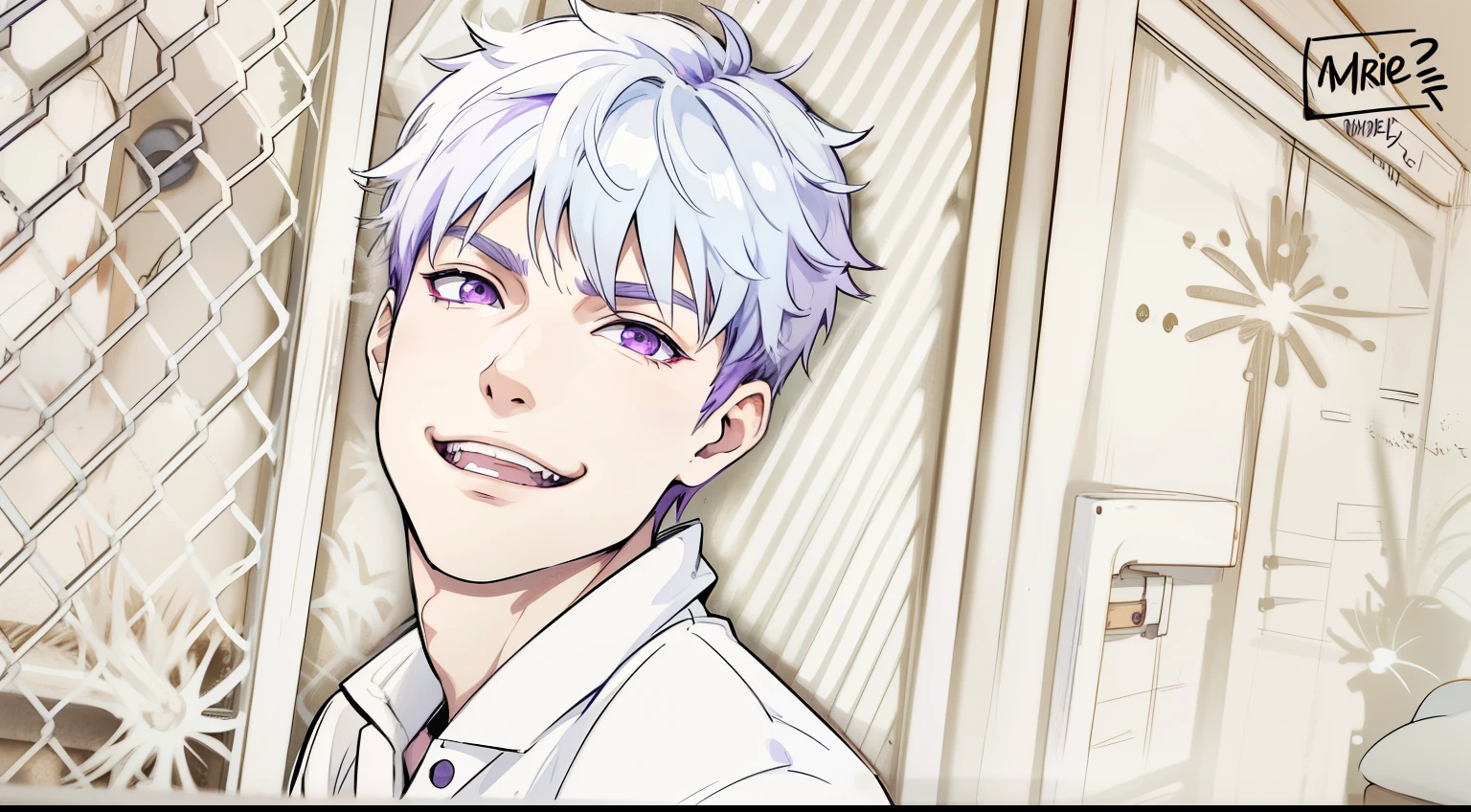 (estilo anime 2d plano)cute 16 year old boy speaks evil with hate with a mischievous smile malevolent irony purple hair purple eyes aura of evil he is dangerous murderer