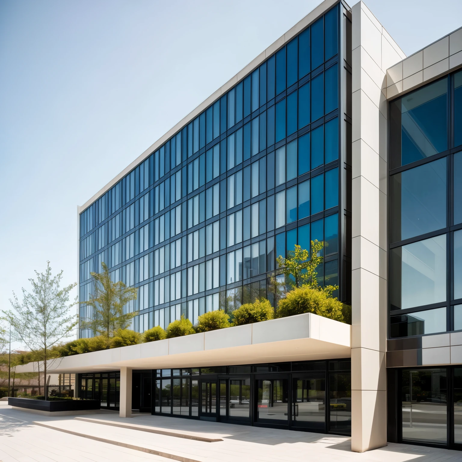 exterior of highrise hotel building, contemporary style, inspired of Norman Forster, glass with steel frame facade, 5 stars hotel design, beautiful landscape, stone pavement,cars, RAW photo, 8k uhd, dslr, soft lighting, high quality, film grain, Fujifilm XT3,masterpiece,