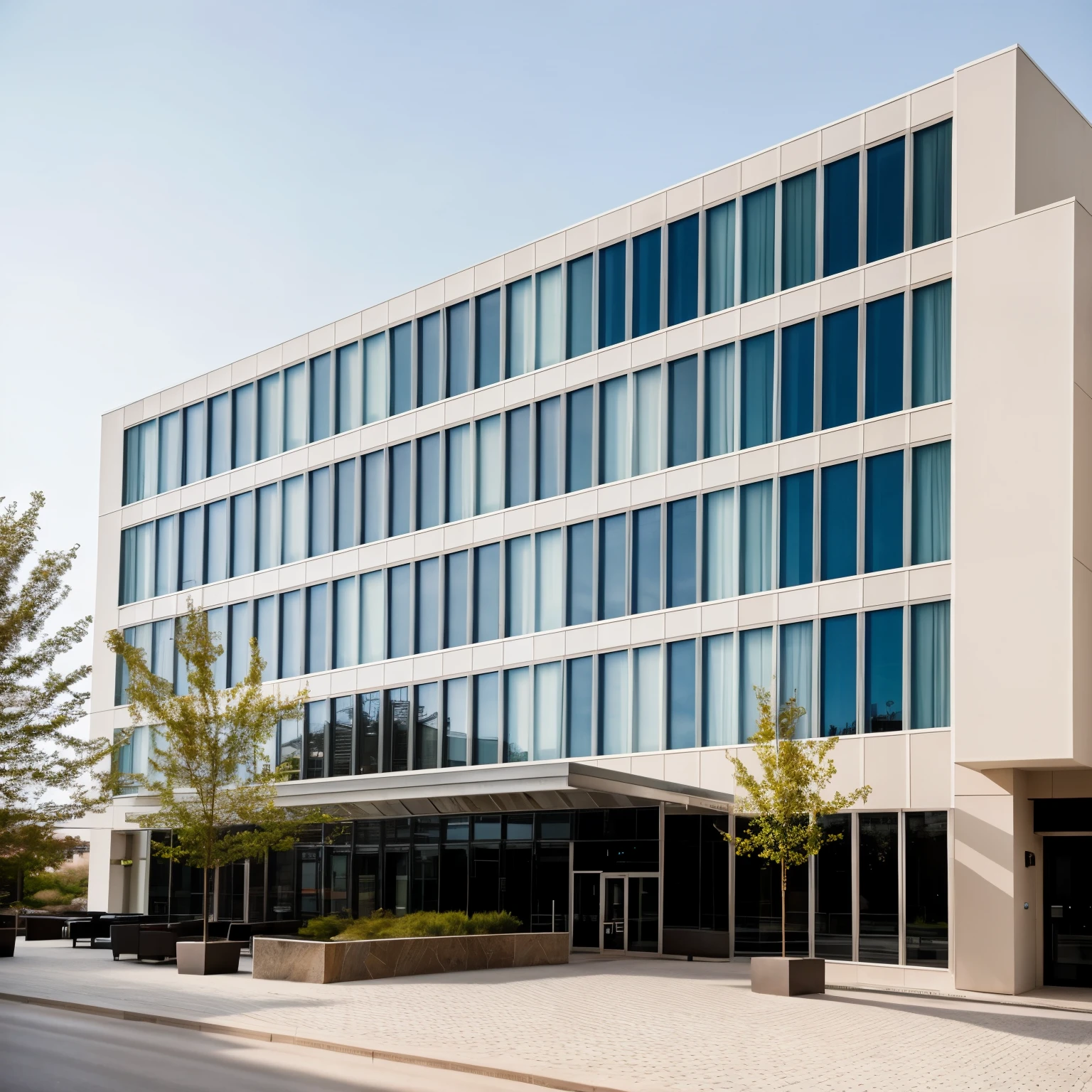 exterior of highrise hotel building, contemporary style, inspired of Norman Forster, glass with steel frame facade, 5 stars hotel design, beautiful landscape, stone pavement,cars, RAW photo, 8k uhd, dslr, soft lighting, high quality, film grain, Fujifilm XT3,masterpiece,