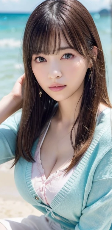 masterpiece, highest quality, 8k, 20th generation, Big Breasts, cute, alone, sad, cute, Girlish,cute 繊細な女の子, cute、Pure beauty,  RAW Photos, Professional photography, Portraiture, Soft Light, Professional Lighting, Backlight, avert your eyes, Sophisticated, Film Grain, (Eye and facial details:1.0), Round face、Floating Hair, beautiful, Flowing hair, Asymmetrical bangs、(Big Breasts:1.0)、White cut and sew、pastel cardigan、Micro Mini Skirt、Voluptuous thighs、dolly make、Heterochromia iridis、Midsummer sky、Cumulonimbuidsummer Beach