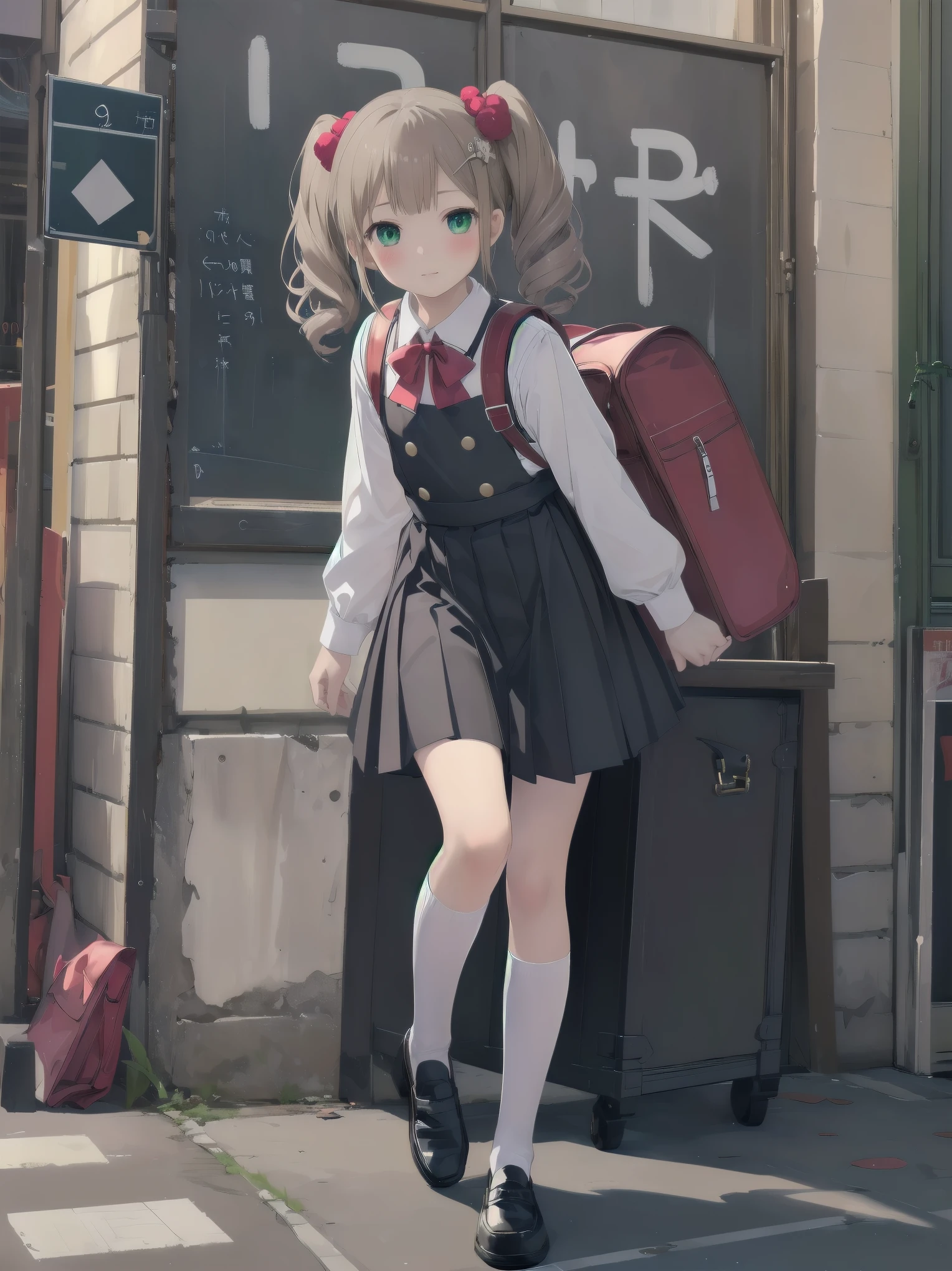 1girl,best quality,ultra-detailed,high resolution,(photorealistic, realistic, photo-realistic:1.2),(9 yo,flat chest),bangs,(smile:0.3),,shigure ui (vtuber),aged down,,backpack,bag,bangs,black dress,black footwear,blush,pom pom hair ornament,collared shirt,green eyes,kneehighs,light brown hair,loafers,long sleeves,pinafore dress,pleated dress,randoseru,red bow,,sleeveless dress,twintails,white legwear,white shirt,anime