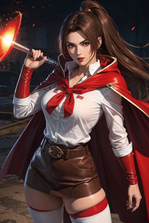 19 year old girl straight brown hair perfect body red hood and cape white shirt with shoulder pads red chorts belt stockings black pantyhose boots tender face creating energy shields with her hands red lips 