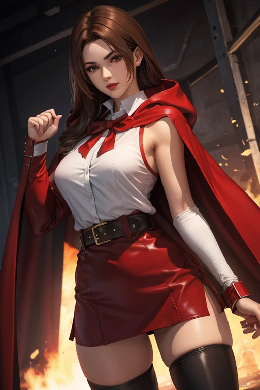 19 year old girl straight brown hair perfect body red hood and cape white shirt with shoulder pads red chorts belt stockings black pantyhose boots tender face creating energy shields with her hands red lips 