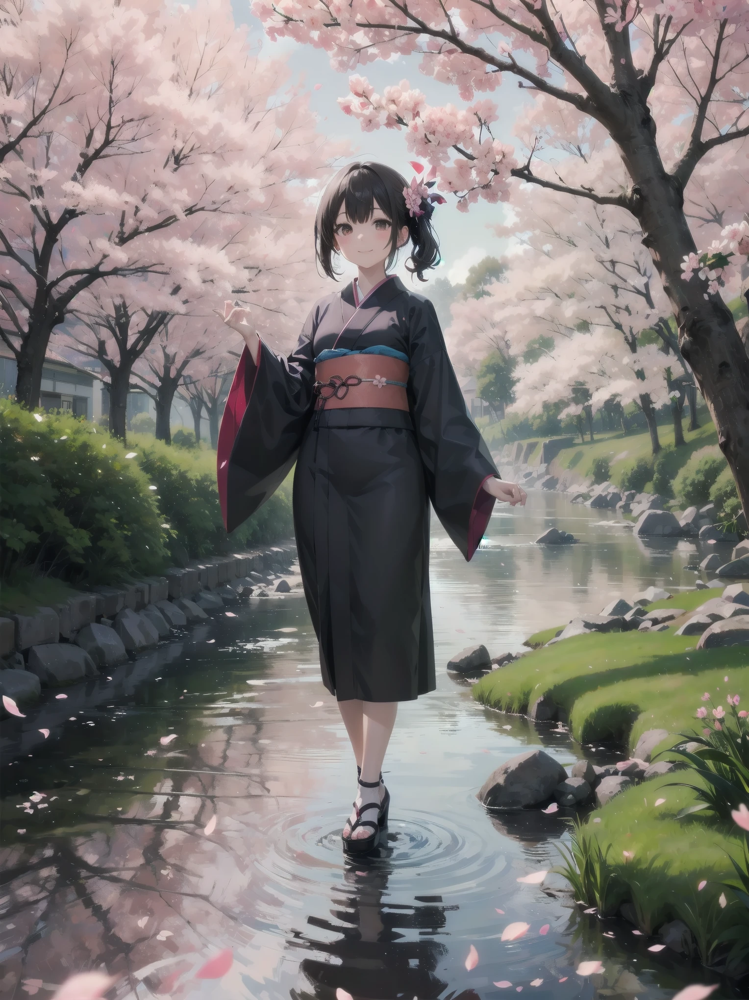 (Spring cherry blossoms and a woman、Long-sleeved kimono、Fluttering cherry blossom petals、walk along the riverside)
Spring by the river、Long-sleeved kimonoを纏った女性がFluttering cherry blossom petalsの中をゆっくりと歩いている。彼女のLong-sleeved kimonoが風に揺れ、Cherry blossom petals fly up around it。The sound of the river quietly echoes.、Her smile is shining brighter with the cherry blossom petals.。Long-sleeved kimonoの鮮やかな色が桜のピンクと調和し、Creating a beautiful spring scene。