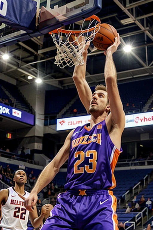 Tall dutch man blocking a basketball layup vibrant atmosphere basketball arena purple jersey