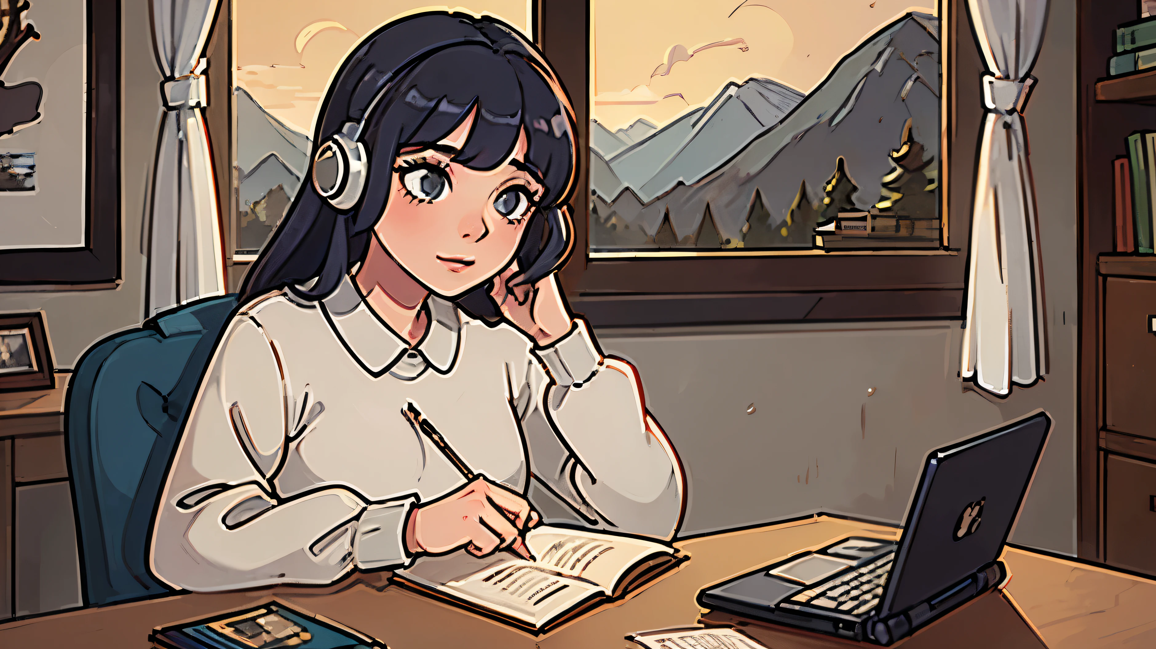 A woman studying in her room, beautiful detailed eyes, beautiful detailed lips, extremely detailed eyes and face, long eyelashes, beautiful woman, intimate indoor scene, cozy room, desk, books, laptop, cityscape visible through window, beautiful landscape, mountains, trees, river, city skyline, lofi, relaxing, soft lighting, warm colors, cinematic, digital art, 8k, high quality, masterpiece, make the woman have headphones and writing on the paper
