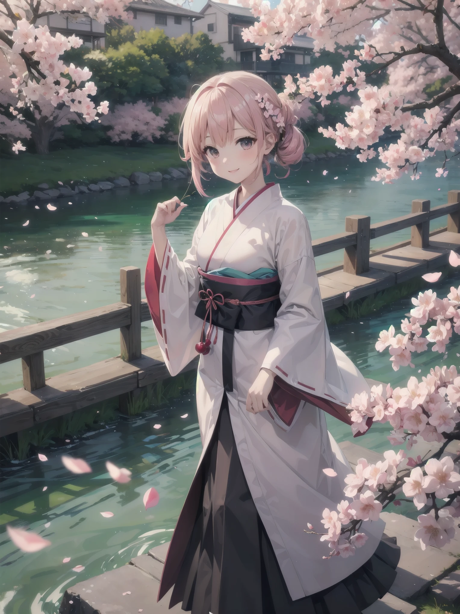 （Spring cherry blossoms and a woman、Long-sleeved kimono、Fluttering cherry blossom petals、walk along the riverside）
Spring by the river、Long-sleeved kimonoを纏った女性がFluttering cherry blossom petalsの中をゆっくりと歩いている。彼女のLong-sleeved kimonoが風に揺れ、Cherry blossom petals fly up around it。The sound of the river quietly echoes.、Her smile is shining brighter with the cherry blossom petals.。Long-sleeved kimonoの鮮やかな色が桜のピンクと調和し、Creating a beautiful spring scene。