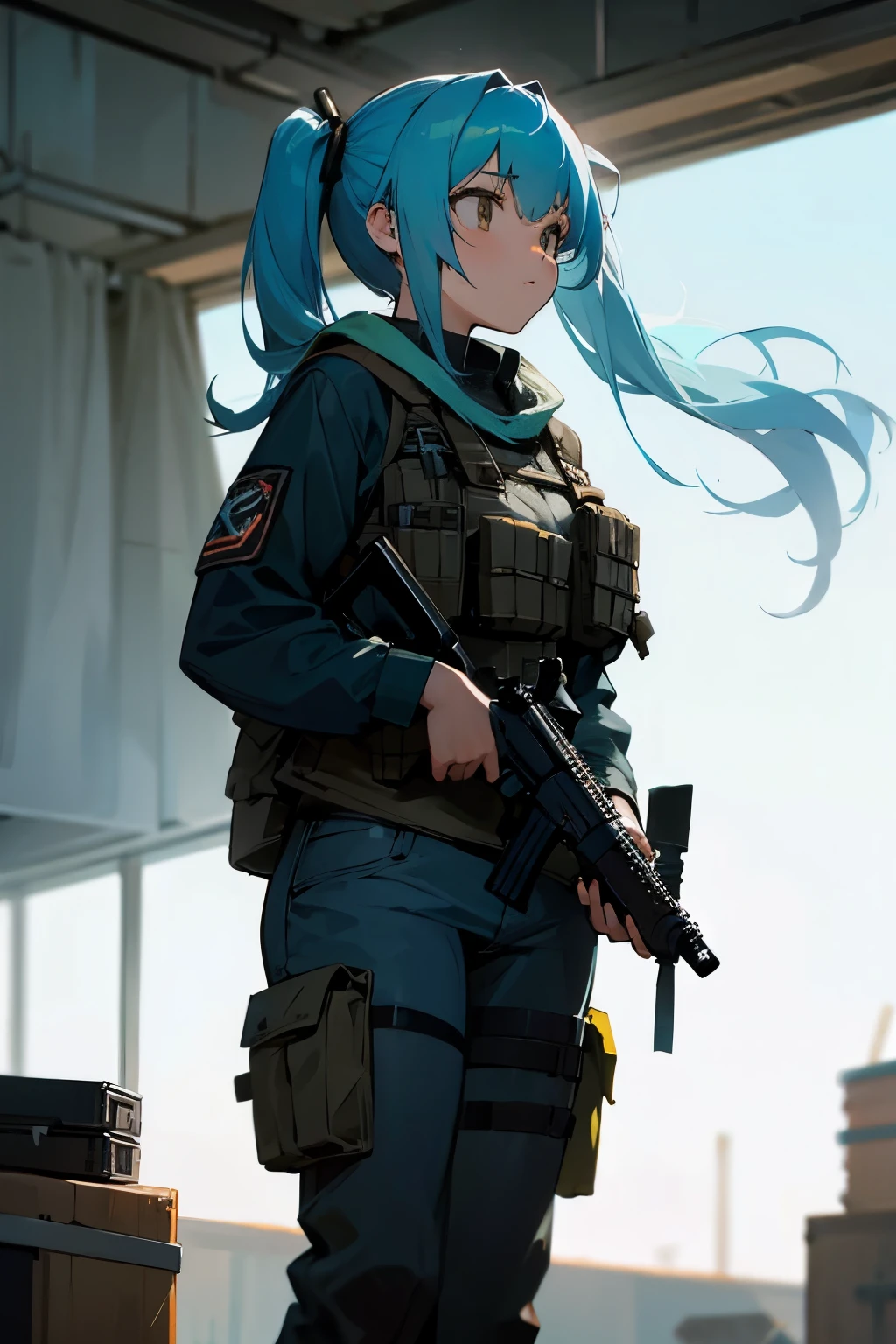 Survival game, airsoft, gun, cool, twin tails, girl, light blue hair