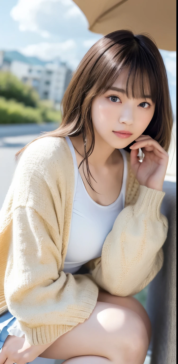 masterpiece, highest quality, 8k, 20th generation, Big Breasts, cute, alone, sad, cute, Girlish,cute 繊細な女の子, cute、Pure beauty, RAW Photos, Professional photography, Portraiture, Soft Light, Professional Lighting, Backlight, avert your eyes, Sophisticated, Film Grain, (Eye and facial details:1.0), Round face、Floating Hair, beautiful, Flowing hair, Asymmetrical bangs、(Big Breasts:1.0)、White cut and sew、pastel cardigan、Micro Mini Skirt、Voluptuous thighs、dolly make、Heterochromia iridis、Midsummer sky、Cumulonimbuidsummer Beach