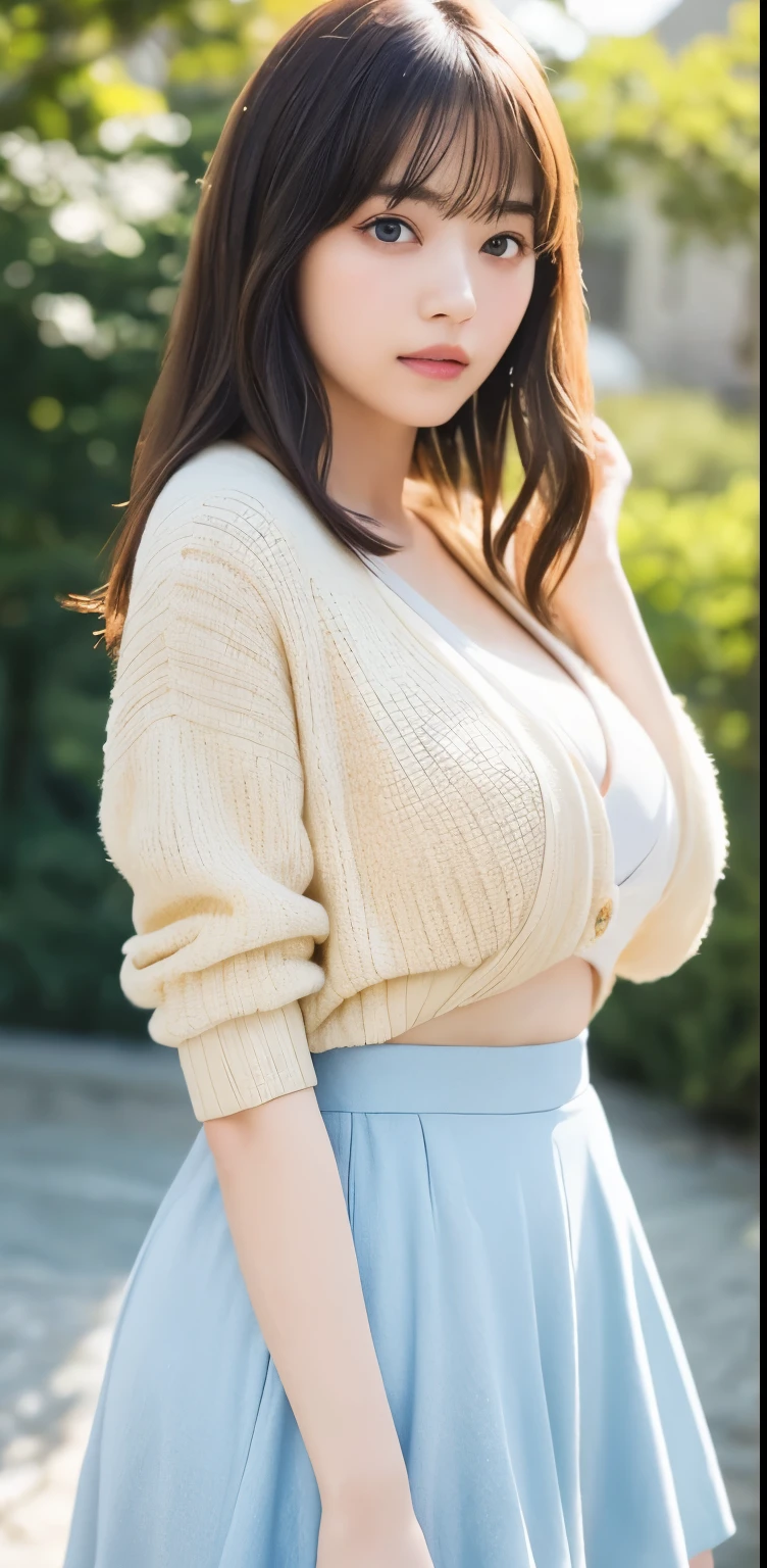 masterpiece, highest quality, 8k, 20th generation, Big Breasts, cute, alone, sad, cute, Girlish,cute 繊細な女の子, cute、Pure beauty, RAW Photos, Professional photography, Portraiture, Soft Light, Professional Lighting, Backlight, avert your eyes, Sophisticated, Film Grain, (Eye and facial details:1.0), Round face、Floating Hair, beautiful, Flowing hair, Asymmetrical bangs、(Big Breasts:1.0)、White cut and sew、pastel cardigan、Micro Mini Skirt、Voluptuous thighs、dolly make、Heterochromia iridis、Midsummer sky、Cumulonimbuidsummer Beach