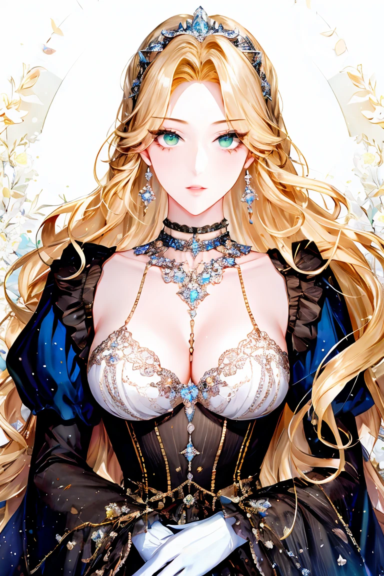shoujo-style, (floral background, romance manhwa), 1girl, blonde hair, solo, long hair, flower, dress, tiara, white dress, gloves, long sleeves, choker, green eyes, mascara, makeup, white gloves, black bow, black flower, wavy hair, bow, bra, jewelry, looking at viewer, white background, collarbone, puffy sleeves, silver accessories, upper body, parted bangs, very long hair, blue dress, frills, bangs, closed mouth, detailed eyes, sparkle