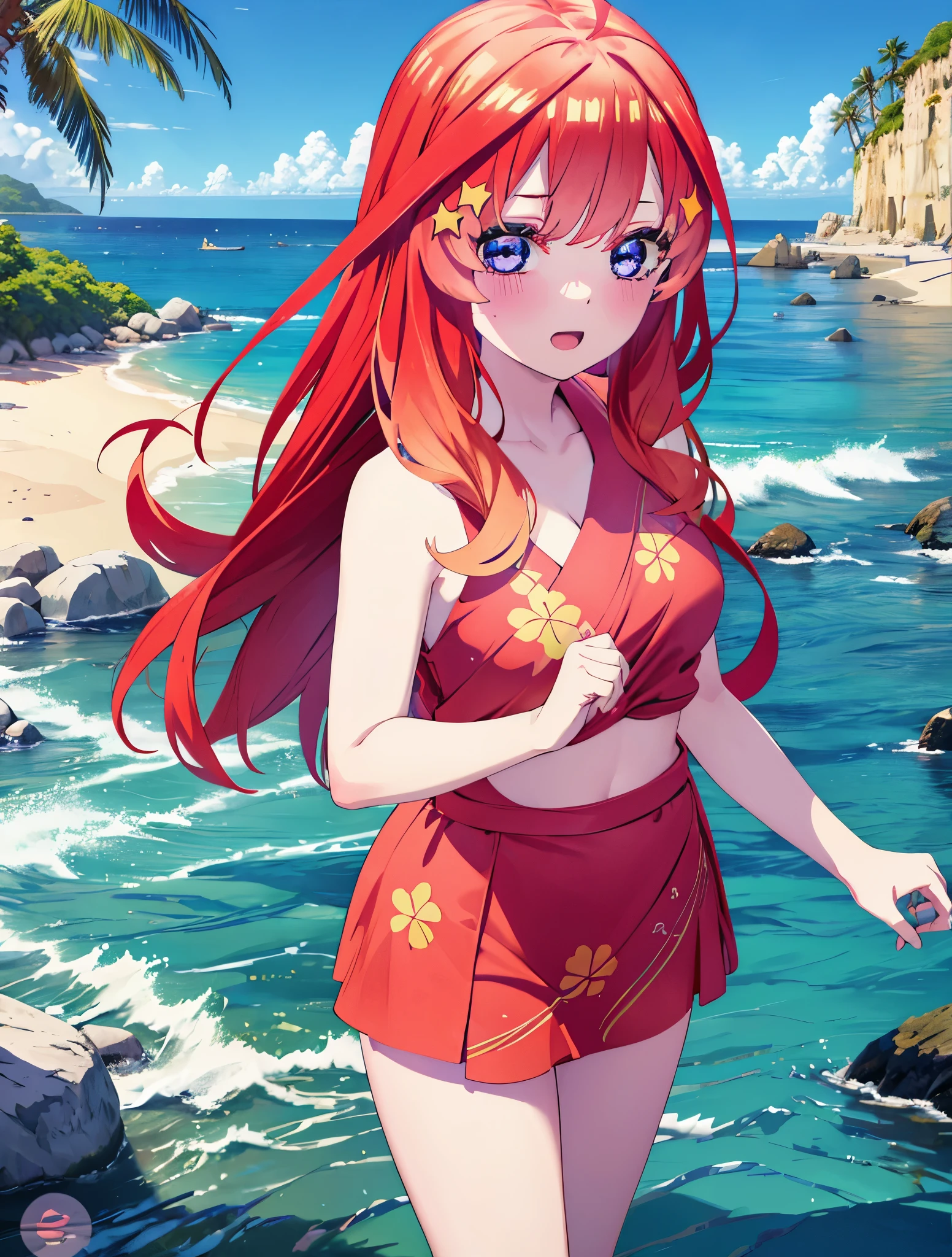 itsukinakano, Itsuki Nakano, bangs, blue eyes, Hair between the eyes, Ahoge, Redhead, star \(symbol\), hair ornaments, star hair ornamentsにっこり, smile, Open your mouth,Red Bikini,Bare Belly,A light red blanket is wrapped around his waist..,barefoot, (Beach salon),  Big Breasts,((salon)), Beach outfit,Real Summer,Palm tree,whole bodyがイラストに入るように,
break outdoors, Beach,
break looking at viewer, whole body,
break (masterpiece:1.2), highest quality, High resolution, unity 8k wallpaper, (shape:0.8), (Beautiful and beautiful eyes:1.6), Highly detailed face, Perfect lighting, Extremely detailed CG, (Perfect hands, Perfect Anatomy),