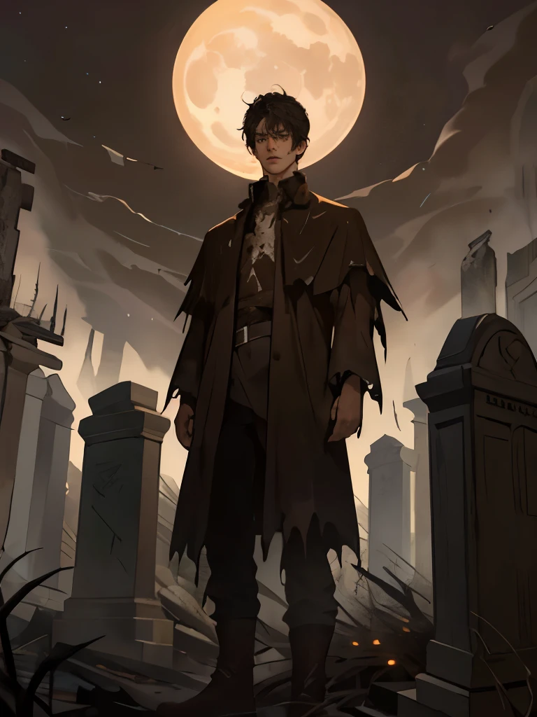 Dark, boy with brown hair and dark clothing, boy in a cemetery, boy in a graveyard, dark, dark creepy boy, boy with dark hair, dark clothes, beautiful, high quality, nighttime, dark, eerie, dark environment, handsome boy, close up, creepy, dark cemetary, boy looking at graves, gravestones