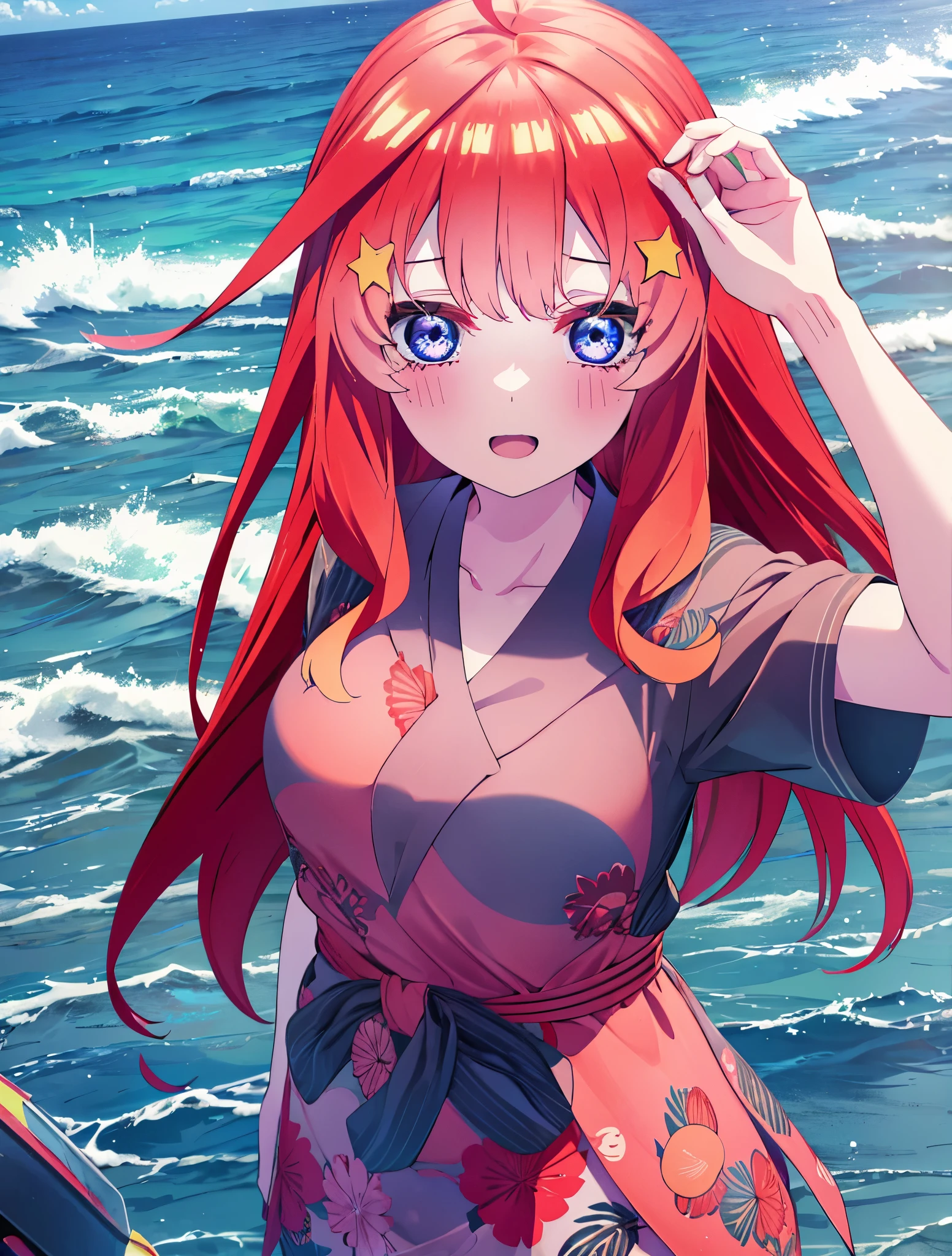 itsukinakano, Itsuki Nakano, bangs, blue eyes, Hair between the eyes, Ahoge, Redhead, star \(symbol\), hair ornaments, star hair ornamentsにっこり, smile, Open your mouth,Red Bikini,Bare Belly,A light red blanket is wrapped around his waist..,barefoot, (Beach salon),  Big Breasts,((salon)), Beach outfit,Real Summer,Palm tree,whole bodyがイラストに入るように,
break outdoors, Beach,
break looking at viewer, whole body,
break (masterpiece:1.2), highest quality, High resolution, unity 8k wallpaper, (shape:0.8), (Beautiful and beautiful eyes:1.6), Highly detailed face, Perfect lighting, Extremely detailed CG, (Perfect hands, Perfect Anatomy),