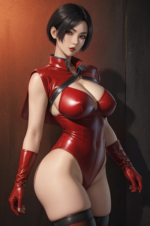 Korean woman short black hair red mask red leotard super heroine leather gloves black long stockings red booties red lips