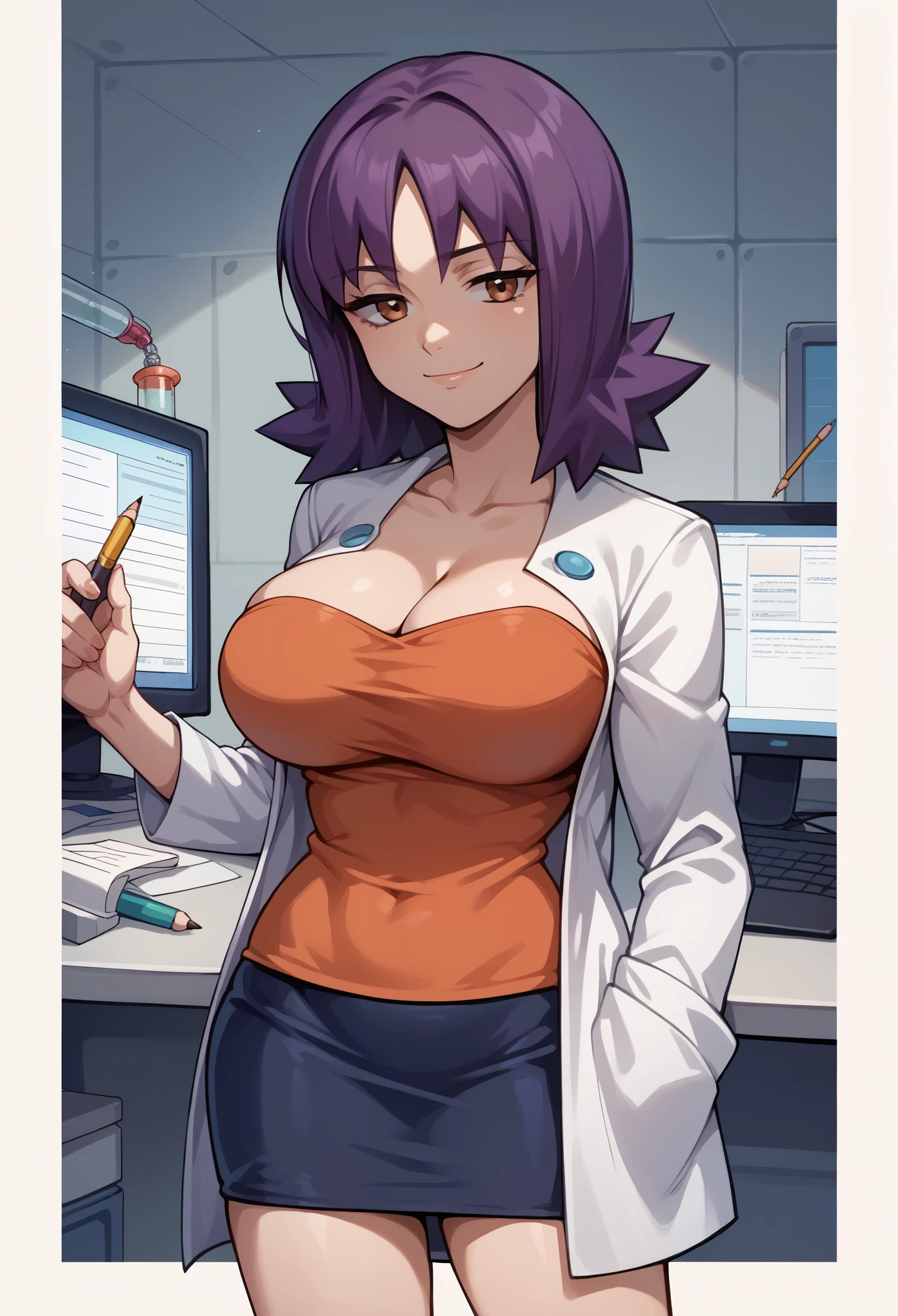 score_9, score_8_up, score_7_up, score_6_up, source_anime, BREAK 1girl, solo,profivy, purple hair, labcoat, orange shirt, cleavage, strapless, pencil skirt,big breasts, looking at you, smile, closed mouth,indoor,laboratory, computer,pokemons