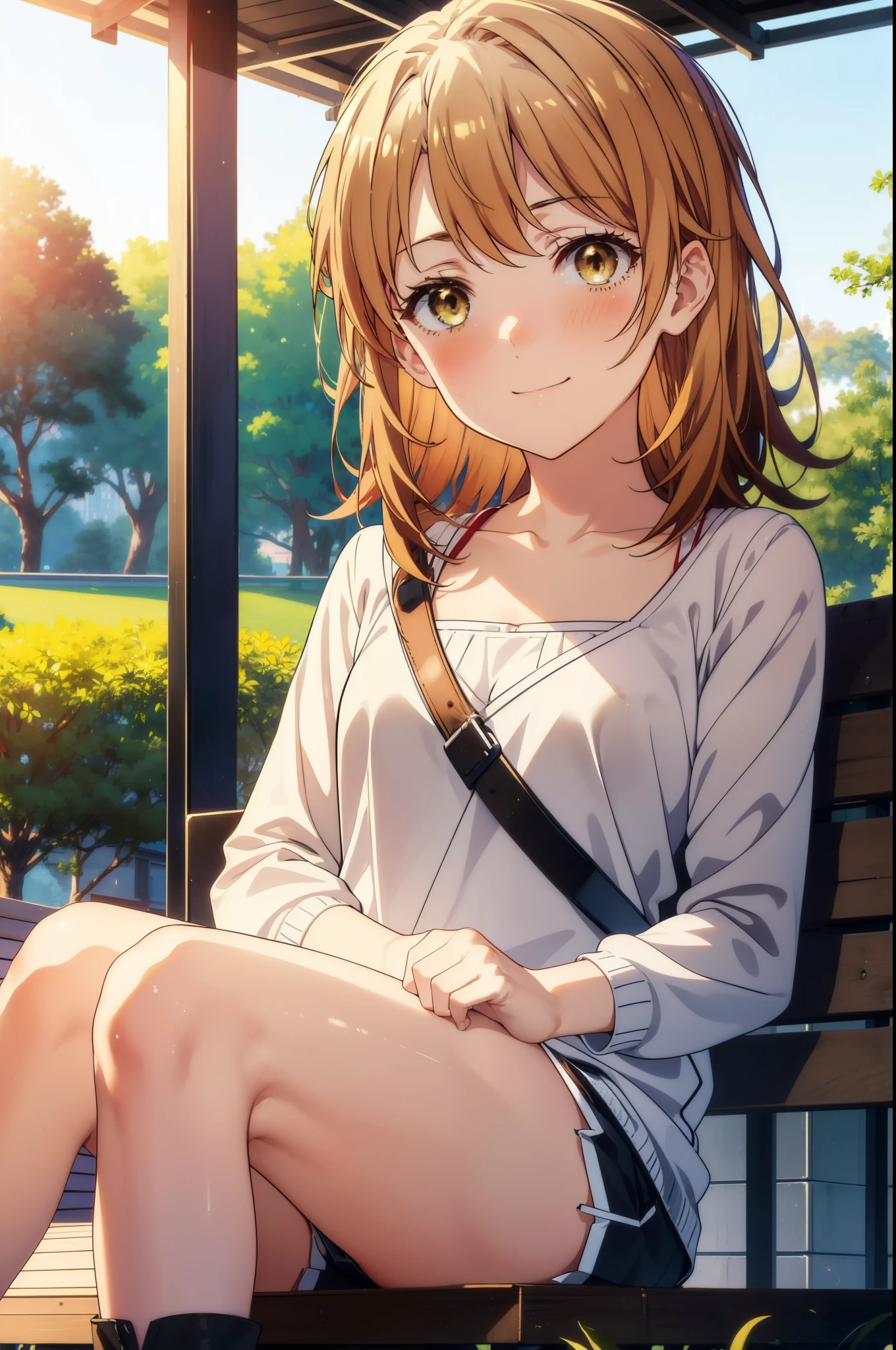 irohaisshiki, iroha isshiki, Long Hair, Brown Hair, (Brown eyes:1.5), hair band,happy smile, smile, Open your mouth,Cordo shoulder top,Shorts,short boots,morning,morning陽,The sun is rising,sitting on a park bench,whole bodyがイラストに入るように,
break outdoors, 公園
break looking at viewer,whole body,
break (masterpiece:1.2), highest quality, High resolution, unity 8k wallpaper, (figure:0.8), (Beautiful fine details:1.6), Highly detailed face, Perfect lighting, Highly detailed CG, (Perfect hands, Perfect Anatomy),