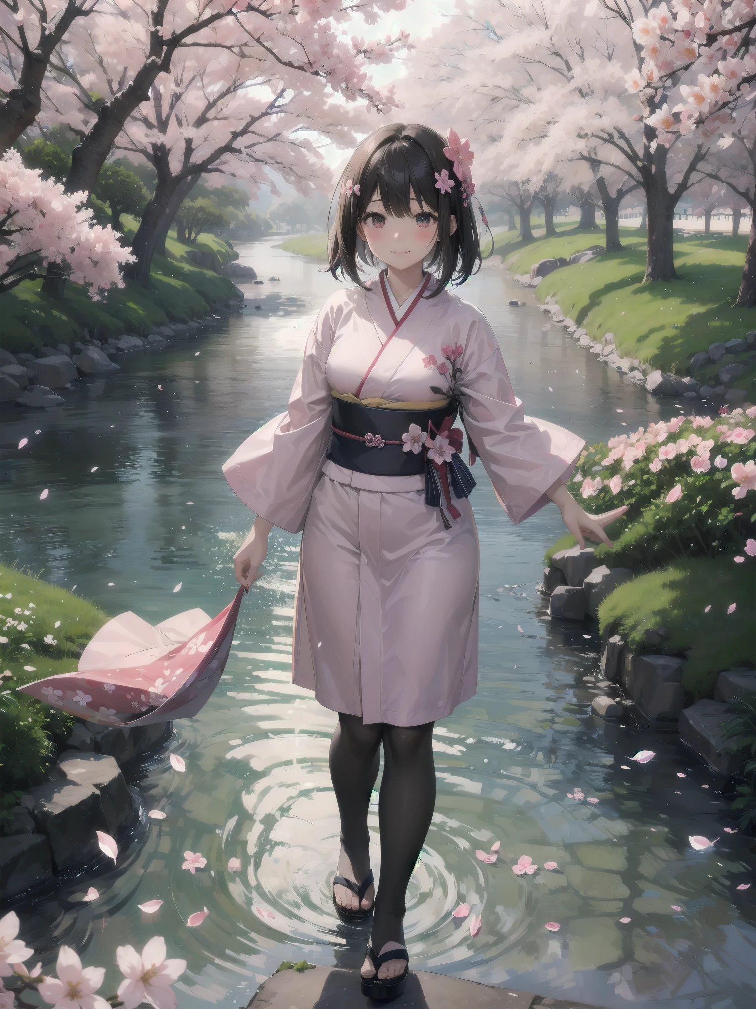 （Spring cherry blossoms and a woman、Long-sleeved kimono、Fluttering cherry blossom petals、walk along the riverside）
Spring by the river、Long-sleeved kimonoを纏った女性がFluttering cherry blossom petalsの中をゆっくりと歩いている。彼女のLong-sleeved kimonoが風に揺れ、Cherry blossom petals fly up around it。The sound of the river quietly echoes.、Her smile is shining brighter with the cherry blossom petals.。Long-sleeved kimonoの鮮やかな色が桜のピンクと調和し、Creating a beautiful spring scene。
