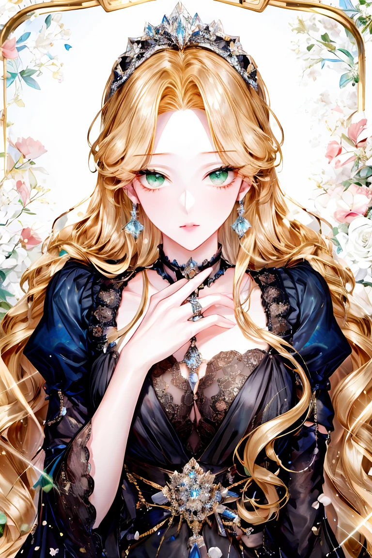 shoujo-style, (floral background, romance manhwa), 1girl, blonde hair, solo, long hair, flower, dress, tiara, white dress, gloves, long sleeves, choker, green eyes, mascara, makeup, white gloves, black bow, black flower, wavy hair, bow, bra, jewelry, looking at viewer, white background, collarbone, puffy sleeves, silver accessories, upper body, parted bangs, very long hair, blue dress, frills, bangs, closed mouth, detailed eyes, sparkle