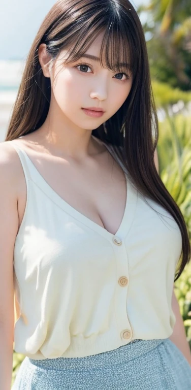masterpiece, highest quality, 8k, 20th generation, Big Breasts, cute, alone, sad, cute, Girlish,cute 繊細な女の子, cute、Pure beauty,  RAW Photos, Professional photography, Portraiture, Soft Light, Professional Lighting, Backlight, avert your eyes, Sophisticated, Film Grain, (Eye and facial details:1.0), Round face、Floating Hair, beautiful, Flowing hair, Asymmetrical bangs、(Big Breasts:1.0)、White cut and sew、pastel cardigan、Micro Mini Skirt、Voluptuous thighs、dolly make、Heterochromia iridis、Midsummer sky、Cumulonimbuidsummer Beach