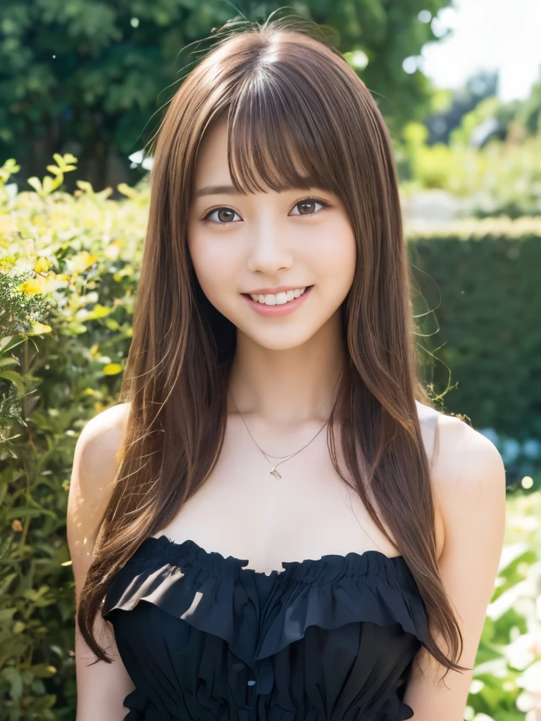 A beautiful Japanese shy girl, 18 years old, long brown hair, brown big eyes, shiny lip, shiny hair, ecstatic expression, in garden, light shine in, The background is very blurry, wearing sleeveless strapless frilly short clothes, wearing neckless,