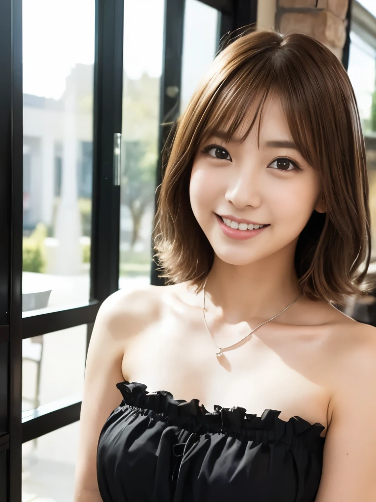A beautiful Japanese shy girl, 18 years old, short brown hair, brown big eyes, shiny lip, shiny hair, ecstatic expression, in cafe, in front of huge window, light shine in, The background is very blurry, wearing sleeveless strapless frilly black clothes, wearing neckless,