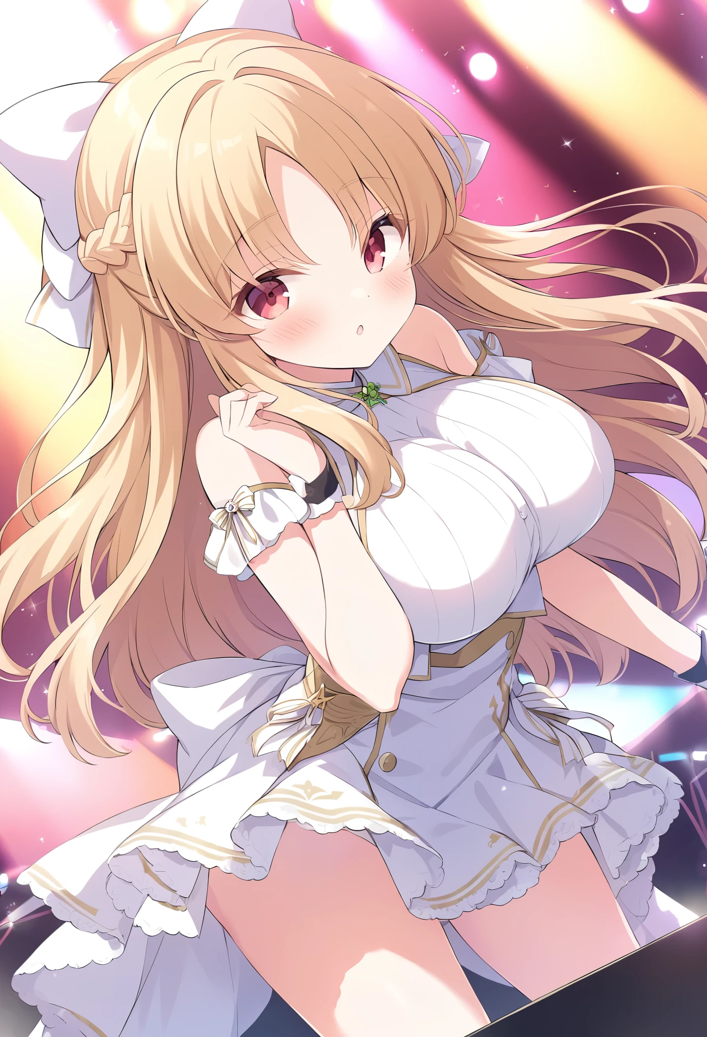 SASAHARANONOKA, BLONDE HAIR, PARTED BANGS, HAIR BOW, WHITE BOW, FRENCH BRAID, HALF UPDO, LONG HAIR, RED EYES, large breasts, live stage