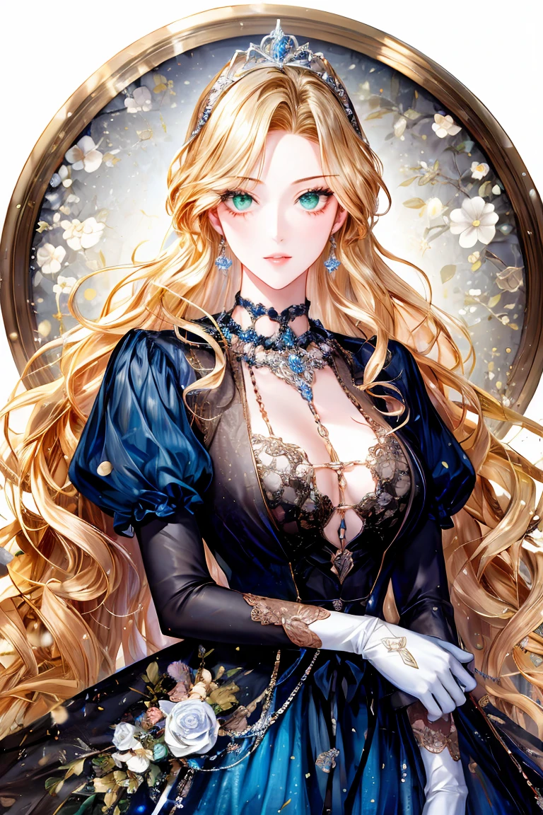 shoujo-style, (floral background, romance manhwa), 1girl, blonde hair, solo, long hair, flower, dress, tiara, white dress, gloves, long sleeves, choker, green eyes, mascara, makeup, white gloves, black bow, black flower, wavy hair, bow, bra, jewelry, looking at viewer, white background, collarbone, puffy sleeves, silver accessories, upper body, parted bangs, very long hair, blue dress, frills, bangs, closed mouth, detailed eyes, sparkle