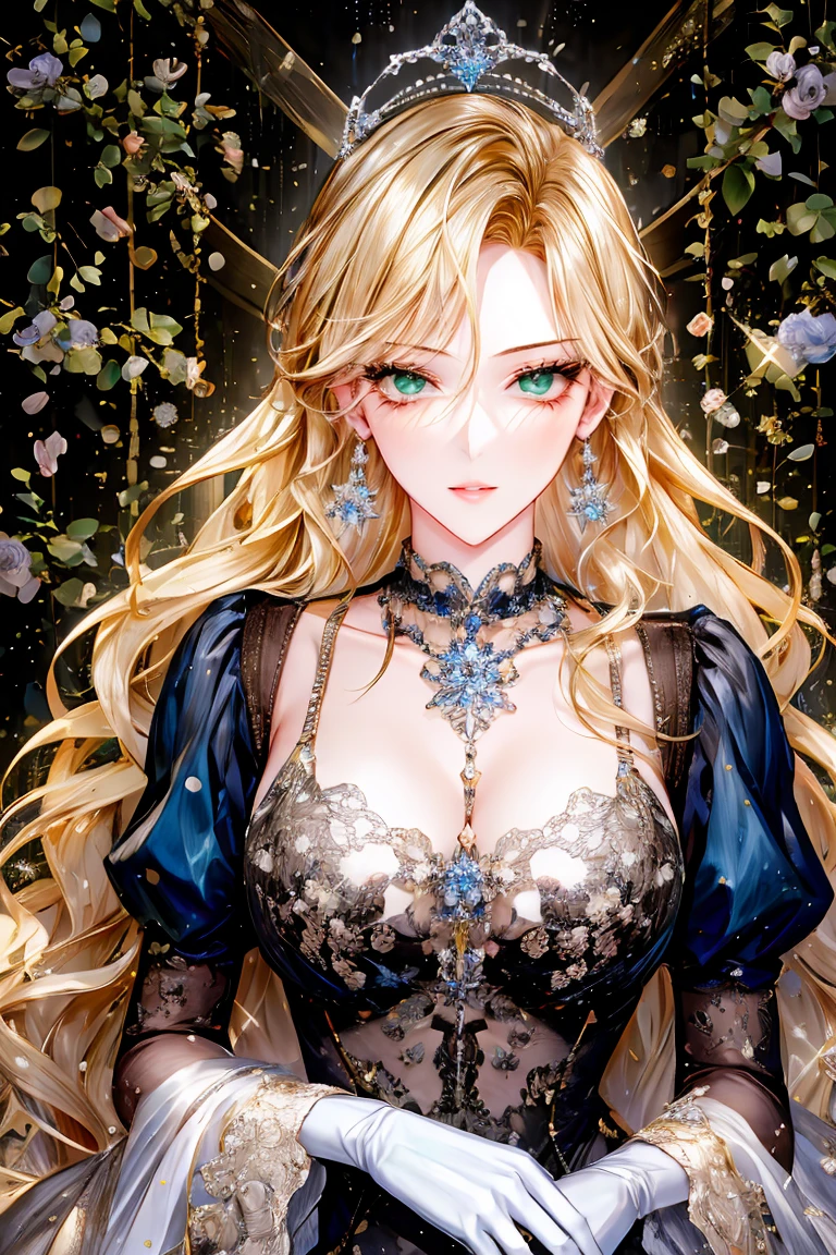 shoujo-style, (floral background, romance manhwa), 1girl, blonde hair, solo, long hair, flower, dress, tiara, white dress, gloves, long sleeves, choker, green eyes, mascara, makeup, white gloves, black bow, black flower, wavy hair, bow, bra, jewelry, looking at viewer, white background, collarbone, puffy sleeves, silver accessories, upper body, parted bangs, very long hair, blue dress, frills, bangs, closed mouth, detailed eyes, sparkle