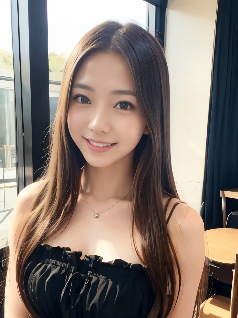 A beautiful Japanese shy girl, 18 years old, long brown hair, brown big eyes, shiny lip, shiny hair, ecstatic expression, in cafe, in front of huge window, light shine in, The background is very blurry, wearing sleeveless strapless frilly black clothes, wearing neckless,