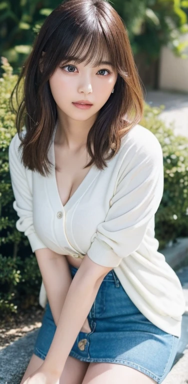 masterpiece, highest quality, 8k, 20th generation, Big Breasts, cute, alone, sad, cute, Girlish,cute 繊細な女の子, cute、Pure beauty,  RAW Photos, Professional photography, Portraiture, Soft Light, Professional Lighting, Backlight, avert your eyes, Sophisticated, Film Grain, (Eye and facial details:1.0), Round face、Floating Hair, beautiful, Flowing hair, Asymmetrical bangs、(Big Breasts:1.0)、White cut and sew、pastel cardigan、Micro Mini Skirt、Voluptuous thighs、dolly make、Heterochromia iridis、Midsummer sky、Cumulonimbuidsummer Beach