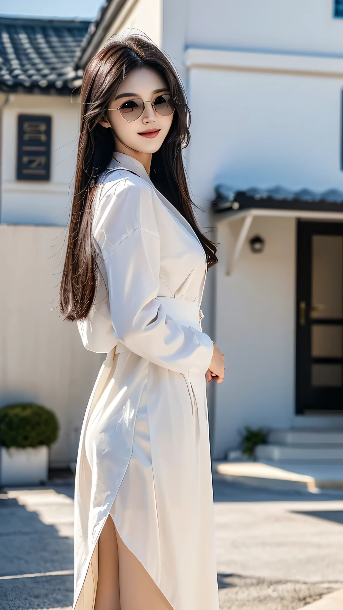 masterpiece、top-quality)、1 beautiful girl、((Wearing black sunglasses )), (Detailed beautiful eyes), ((Detailed skin)) , ((Detailed medium hair)), in the white villa、((Boyish Brown Medium Hair))、((Smaller face))、((Neutral face))、((Face seen from the side))、((Light brown eyes))、((Korean Girl))、((18year old))、((cool lady))、((A shy smile on his face))、((Korean Makeup))、((elongated and sharp eyes))、((Happy dating))、((boyish))、((Shot from the same height as your face)、full body , RAW photos, on the white villa ), ((CG rendering)), ((Blurred background)), ((16K)), ((Very detailed)), ((wallpaper)), ((depth of field)), ((movie light)), (( Ray tracing)).