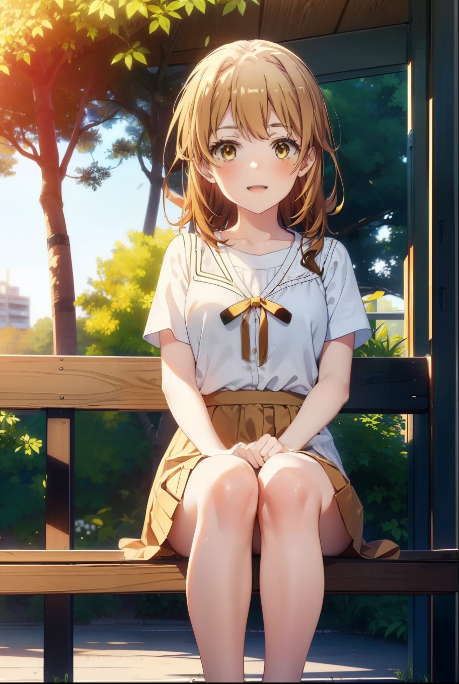 irohaisshiki, iroha isshiki, Long Hair, Brown Hair, (Brown eyes:1.5), hair band,happy smile, smile, Open your mouth,Cordo shoulder top,Short sleeve,Long skirt,Cute heeled sandals,morning,morning陽,The sun is rising,sitting on a park bench,whole bodyがイラストに入るように,
break outdoors, 公園
break looking at viewer,whole body,
break (masterpiece:1.2), highest quality, High resolution, unity 8k wallpaper, (figure:0.8), (Beautiful fine details:1.6), Highly detailed face, Perfect lighting, Highly detailed CG, (Perfect hands, Perfect Anatomy),