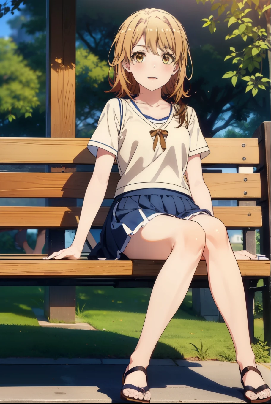 irohaisshiki, iroha isshiki, Long Hair, Brown Hair, (Brown eyes:1.5), hair band,happy smile, smile, Open your mouth,Cordo shoulder top,Short sleeve,Long skirt,Cute heeled sandals,morning,morning陽,The sun is rising,sitting on a park bench,whole bodyがイラストに入るように,
break outdoors, 公園
break looking at viewer,whole body,
break (masterpiece:1.2), highest quality, High resolution, unity 8k wallpaper, (figure:0.8), (Beautiful fine details:1.6), Highly detailed face, Perfect lighting, Highly detailed CG, (Perfect hands, Perfect Anatomy),