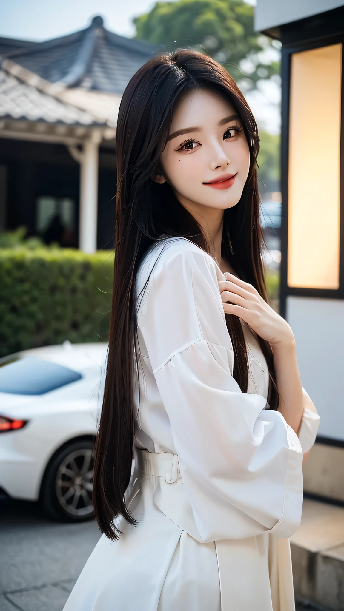 masterpiece、top-quality)、1 beautiful girl、((Wearing black sunglasses )), (Detailed beautiful eyes), ((Detailed skin)) , ((Detailed medium hair)), in the white villa、((Boyish Brown Medium Hair))、((Smaller face))、((Neutral face))、((Face seen from the side))、((Light brown eyes))、((Korean Girl))、((18year old))、((cool lady))、((A shy smile on his face))、((Korean Makeup))、((elongated and sharp eyes))、((Happy dating))、((boyish))、((Shot from the same height as your face)、full body , RAW photos, on the white villa ), ((CG rendering)), ((Blurred background)), ((16K)), ((Very detailed)), ((wallpaper)), ((depth of field)), ((movie light)), (( Ray tracing)).