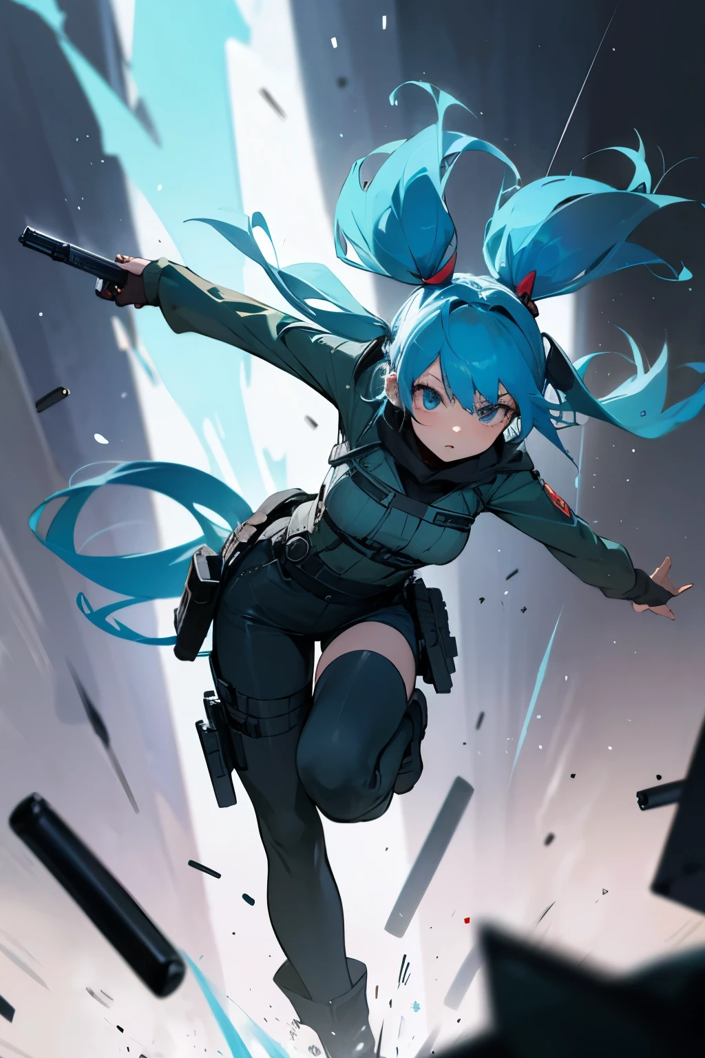 Survival game, gun, attack, cool, twin tails, girl, light blue hair