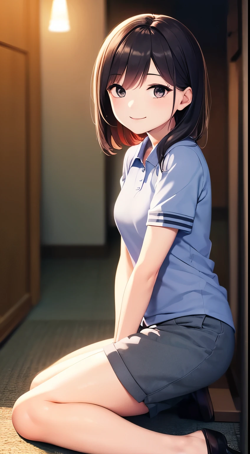 best quality, detailed face, 1girl, middle breast, smile, blue polo shirt, gray short pants, good anatomy, looking at viewer, soft focus, cinematic lighting, depth of field, happy expression, middle hair, bare legs,