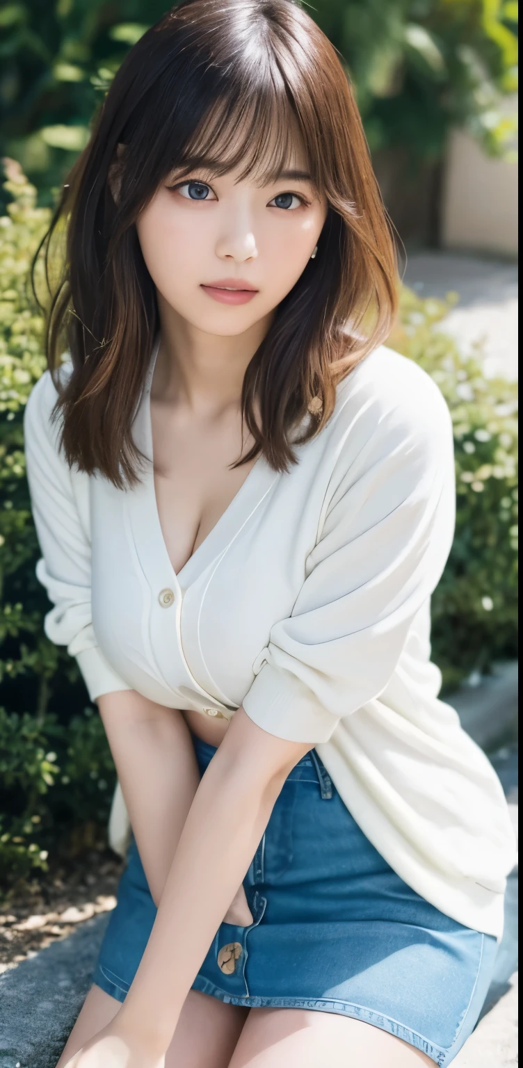 masterpiece, highest quality, 8k, 20th generation, Big Breasts, cute, alone, sad, cute, Girlish,cute 繊細な女の子, cute、Pure beauty,  RAW Photos, Professional photography, Portraiture, Soft Light, Professional Lighting, Backlight, avert your eyes, Sophisticated, Film Grain, (Eye and facial details:1.0), Round face、Floating Hair, beautiful, Flowing hair, Asymmetrical bangs、(Big Breasts:1.0)、White cut and sew、pastel cardigan、Micro Mini Skirt、Voluptuous thighs、dolly make、Heterochromia iridis、Midsummer sky、Cumulonimbuidsummer Beach