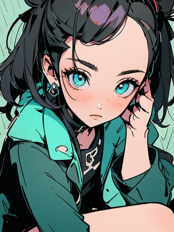 beautiful, masterpiece, best quality, extremely detailed face, perfect lighting, 1girl, solo, (siting), sketch, marnie pokemon, asymmetrical bangs, green eyes, black jacket, cute, masterpiece:1.2, forest background, detail eyes, (PIXIV)